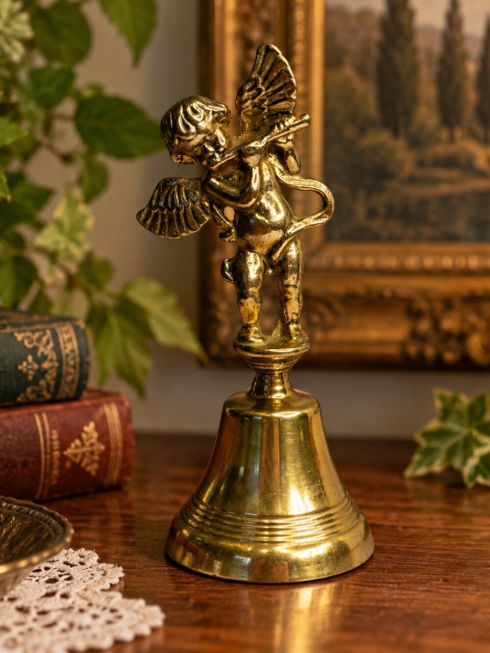 Vintage Solid Brass Cherub Angel Bell Playing Flute Made in Taiwan 5.25